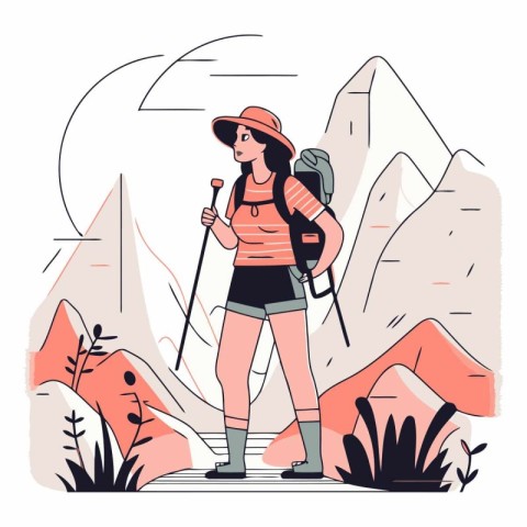 Hiking girl in the mountains. Hiking concept