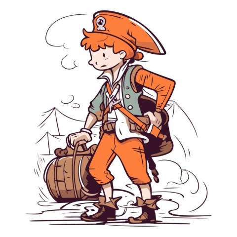 Cute boy in a pirate costume with a barrel.