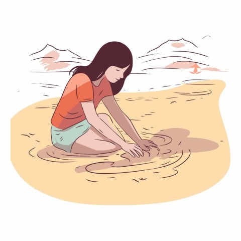 Illustration of a girl playing sand on the beach.