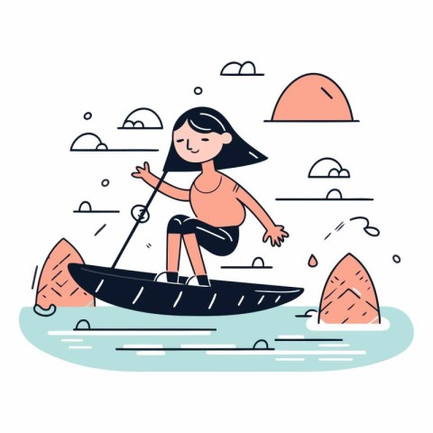 Girl in a canoe on the sea in flat style