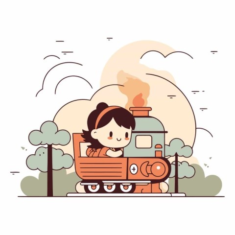 Cute little girl riding a steam locomotive.