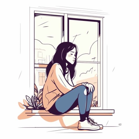 Sad girl sitting on the windowsill in sketch style.