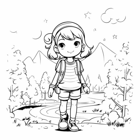 Cute little girl hiking in the forest for coloring book.