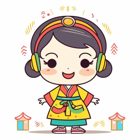 Illustration of a little girl wearing a kimono and headphone