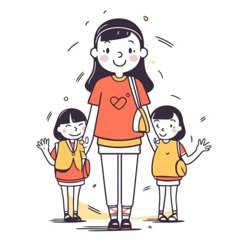 Vector illustration of a happy family. Mother and daughters hold