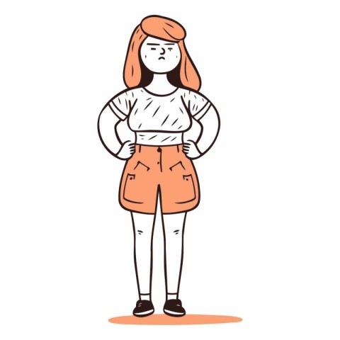 Young woman with hands on hips in cartoon style.