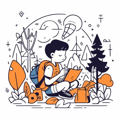 Boy with backpack and map in the forest. Vector linear illustrat