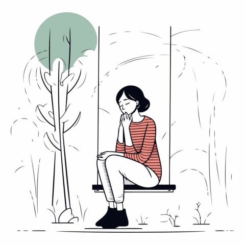 Sad woman sitting on a swing in the park.