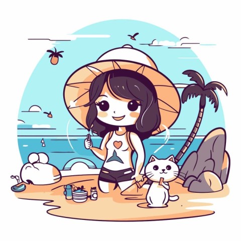 Cute cartoon girl with cat on the beach.