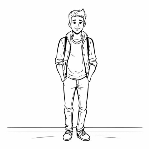 Vector sketch of a young man in casual clothes with a backpack.