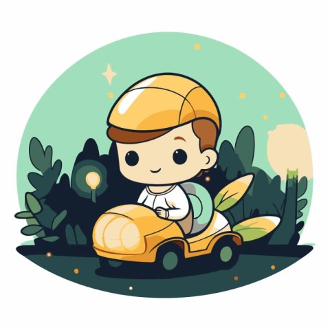 Cute boy riding a toy car in the park.