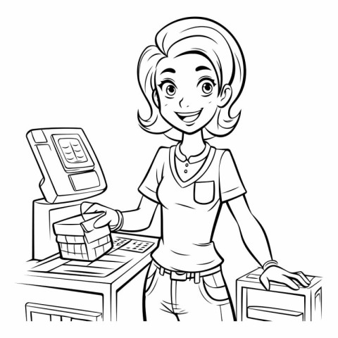 Black and White Cartoon Illustration of Teenage Girl Using Cash