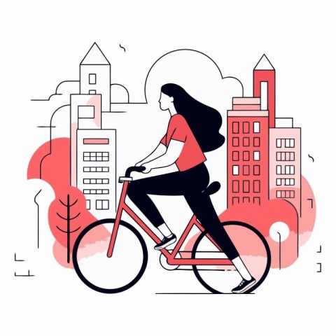 Woman riding a bicycle in the city in flat style