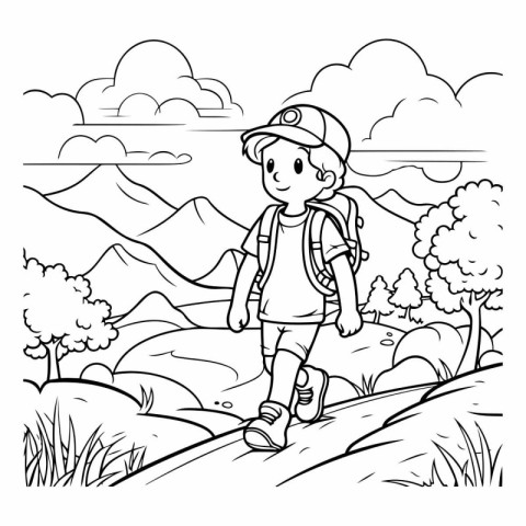 Coloring Page Outline Of a Boy Hiking in the Mountains