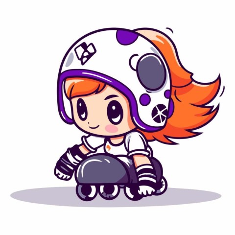 Cute little girl in helmet and roller skates.