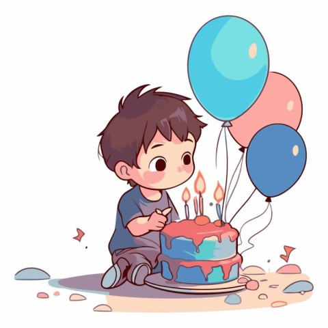 Illustration of a Little Boy Celebrating His Birthday with a Cak