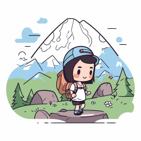 Cute little girl with backpack hiking in mountains.