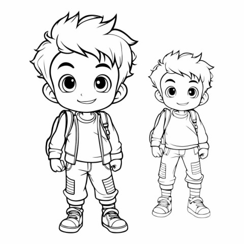 Boy and girl with backpacks for coloring book.