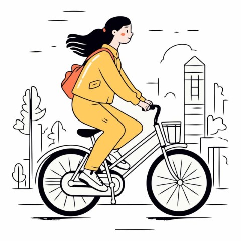 Vector illustration of a girl riding a bicycle in the city. Flat