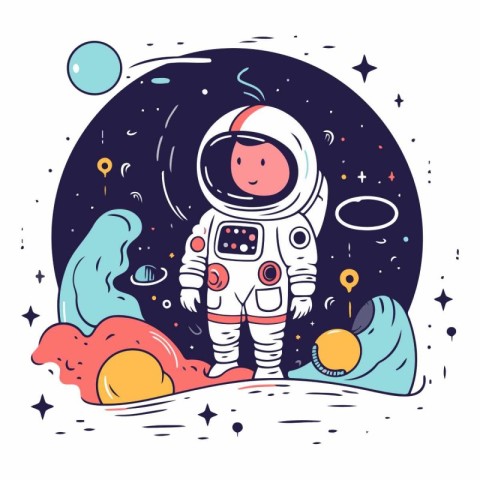 Astronaut in outer space in doodle style