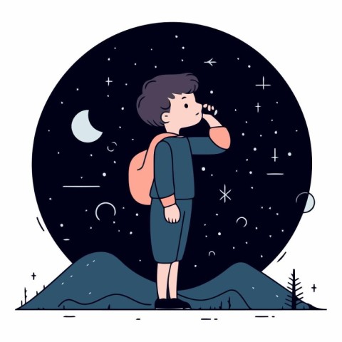 Cartoon boy looking at the stars in a flat style.