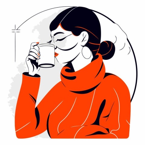 Young woman in red coat with a cup of coffee.