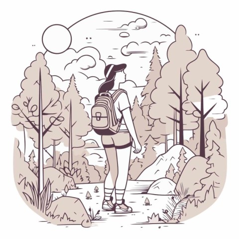 Hiking girl with backpack in the forest in sketch style.