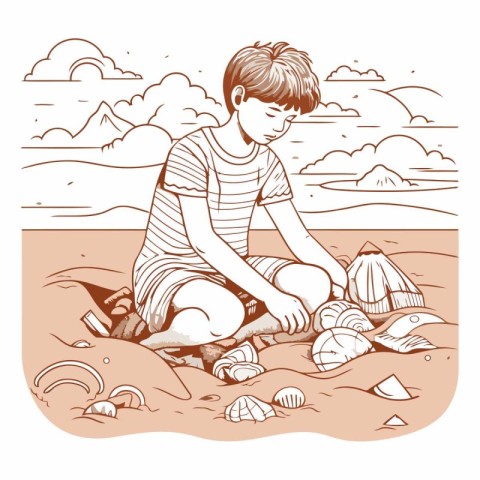 Boy sitting on the rock and looking at the seaside.