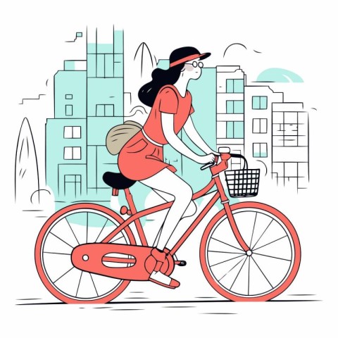 Vector illustration of a young woman riding a bicycle in the cit