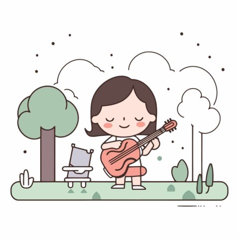 Cute little girl playing guitar in the park.