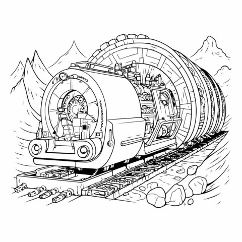 Vector illustration of a steam locomotive on rails in the mounta