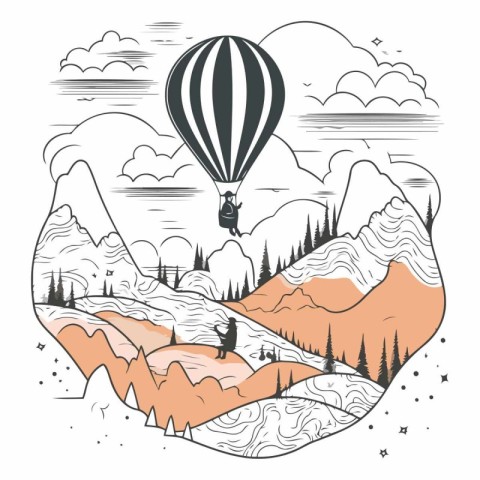 Hand drawn vector illustration of a hot air balloon flying over