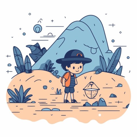 Vector illustration of a boy in a hat and with a backpack on the