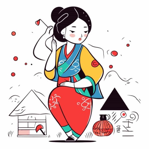 Vector illustration of Japanese woman in traditional kimono. Gir