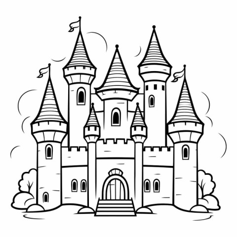 Castle in the forest. Black and white vector illustration for co