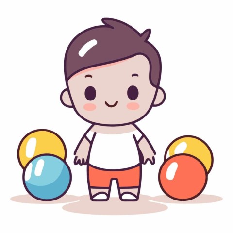 Cute little boy playing with balls in a flat style.