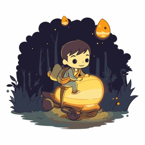 Boy riding a scooter in the night forest.