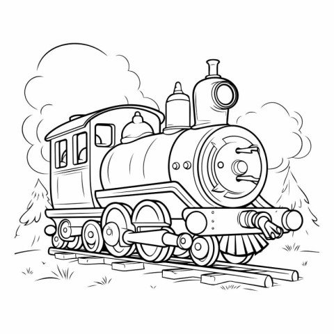 Steam locomotive cartoon vector illustration. Coloring book for