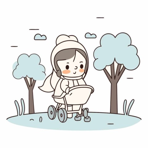 illustration of a cute girl with a stroller in the park