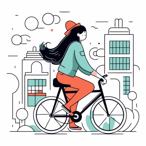 Young woman riding a bicycle in the city in flat style