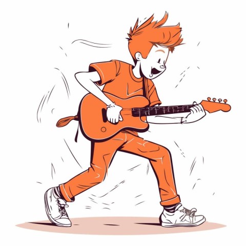 Vector illustration of a boy playing the electric guitar on a wh