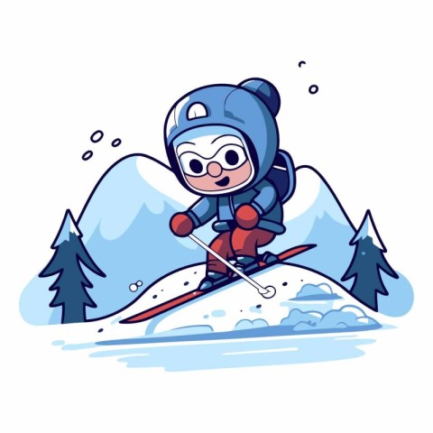 Cartoon skier on the snow in the mountains.