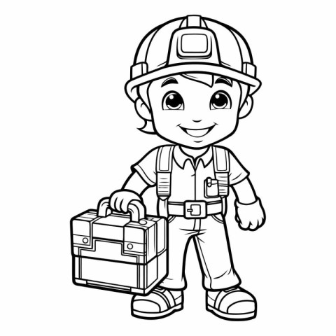 Black and White Cartoon Illustration of Little Boy Construction