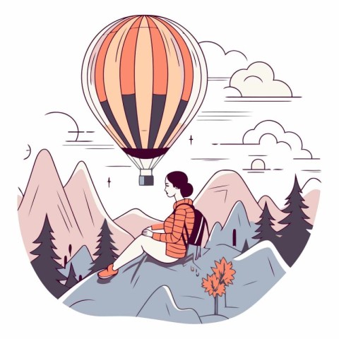 Vector illustration of a woman riding a hot air balloon in the m