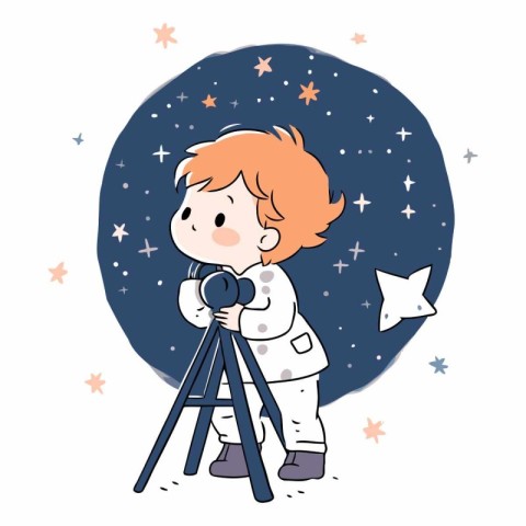 Cute little boy using a telescope in cartoon style.