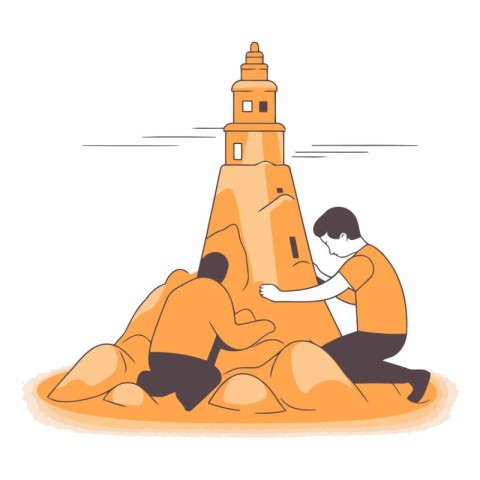 Man and woman sitting on sand near the lighthouse.