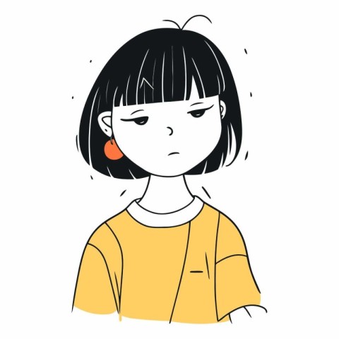 A young girl in a yellow t-shirt is sad