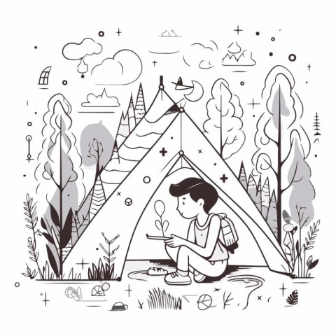 Vector illustration of a boy in a teepee. The boy is sitting in