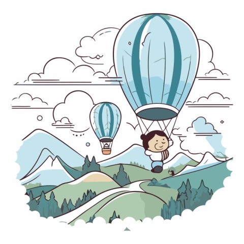 cute boy with hot air balloon in the landscape vector illustrati