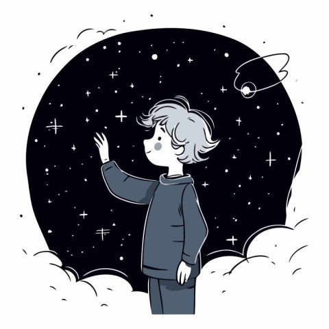 Vector illustration of a boy looking at the stars in the night s